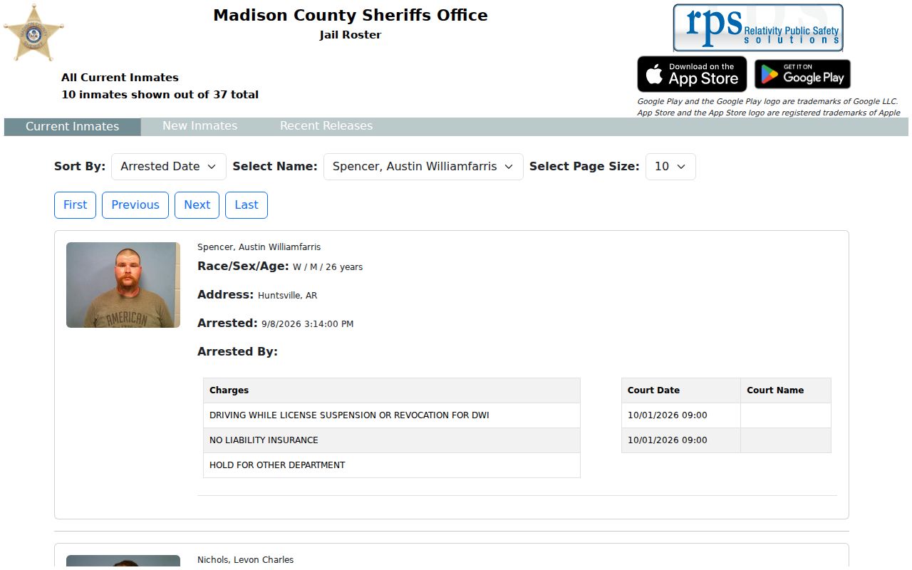 Madison County outstanding warrant research showing the custody roster interface