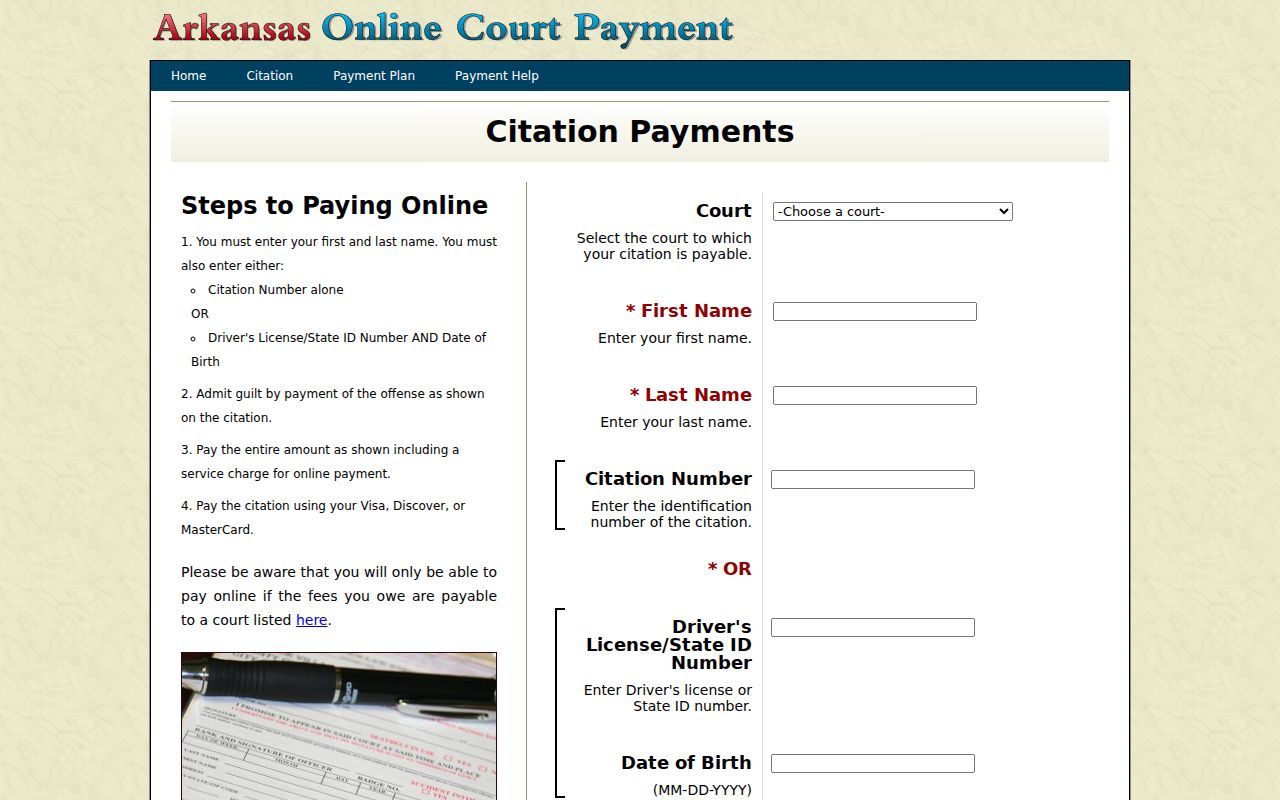 Madison County traffic warrant citation search fields on the Arkansas court portal